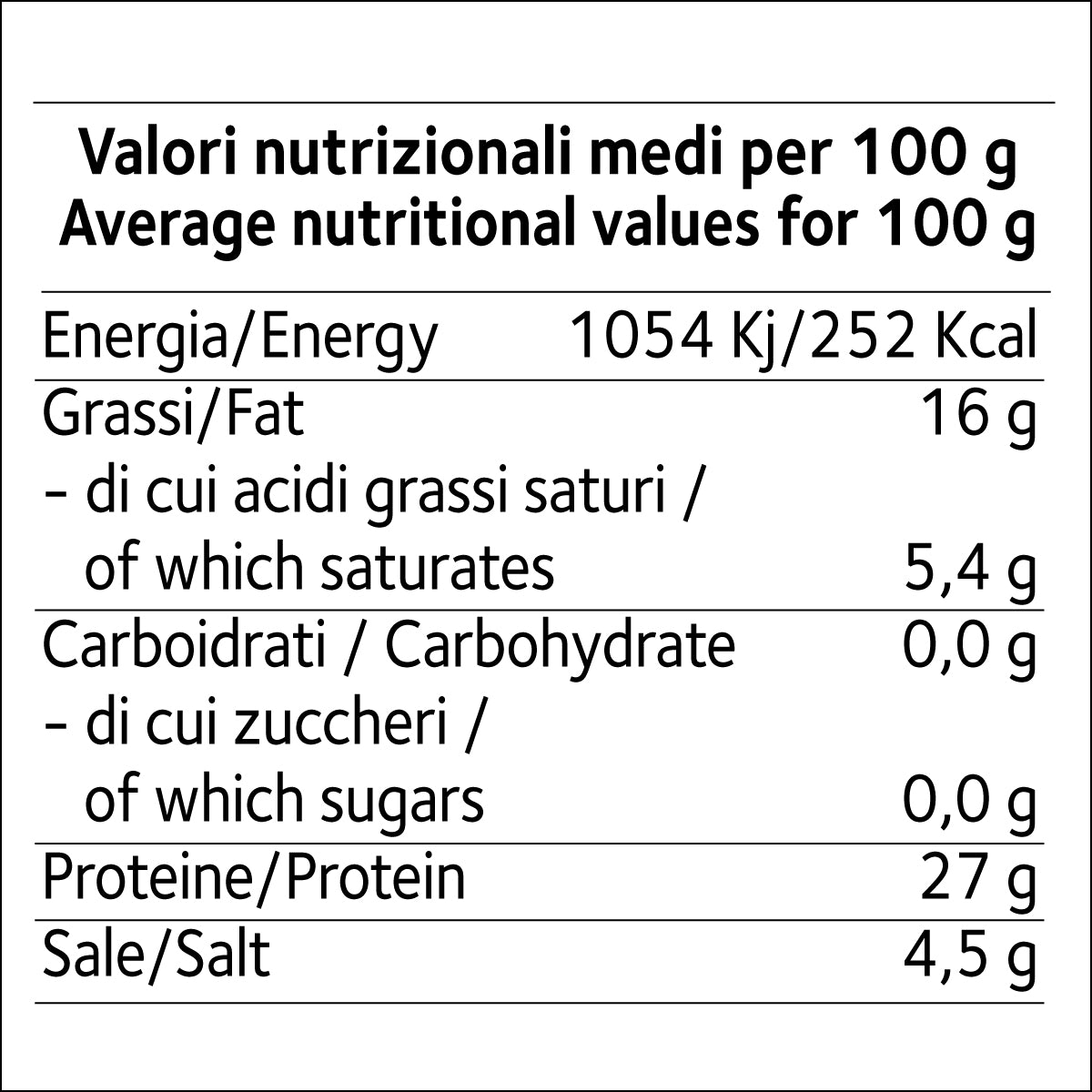 valori nutrizionali Prosciutto Crudo Stagionato - 3 vaschette da 90 g